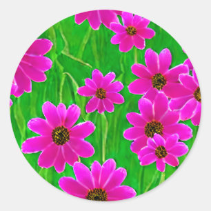 Bright Green and Pink Flower Pattern  Classic Round Sticker