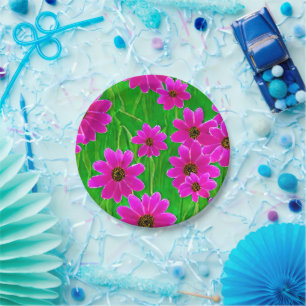 Bright Green and Pink Flower Pattern  Paper Plate
