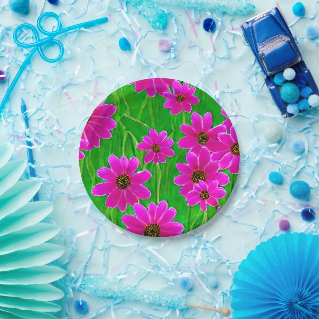 Bright Green and Pink Flower Pattern  Paper Plate (Party)