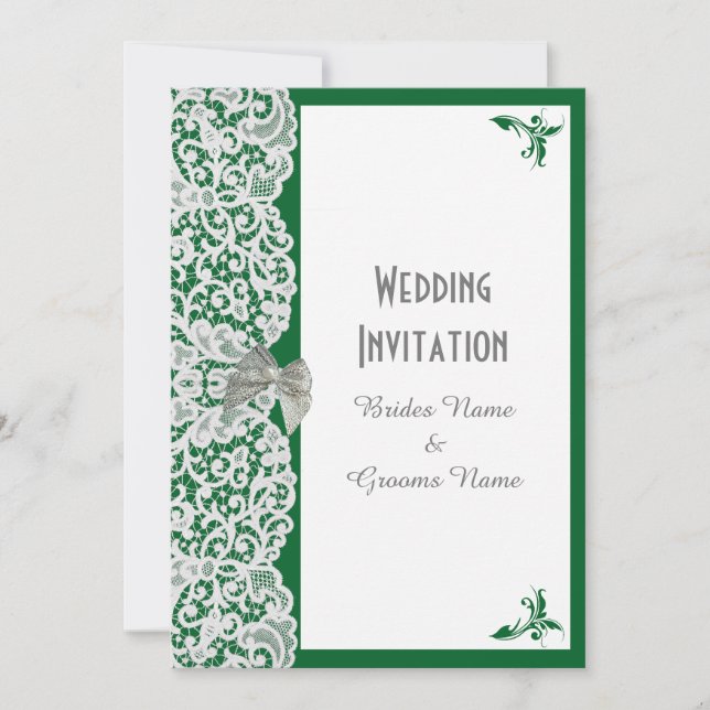 Bright green and white lace  traditional wedding invitation (Front)