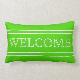 Bright Green and White Stripe Welcome Personalised Lumbar Cushion
