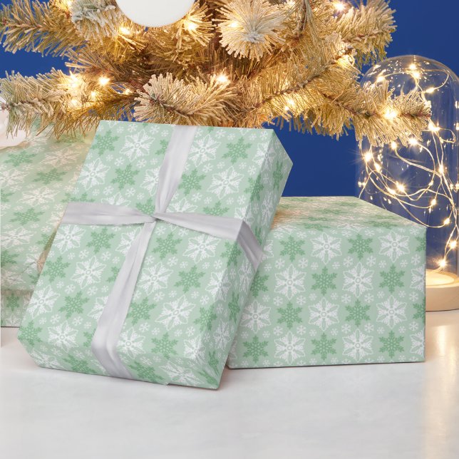 Bright Green and Winter White Snowflake Pattern Wrapping Paper (Holidays)