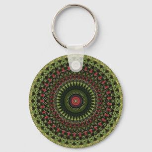 Bright Green Black and Red Mandala Design Bandana Key Ring