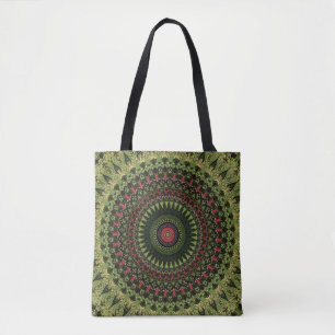 Bright Green Black and Red Mandala Retro Design Tote Bag