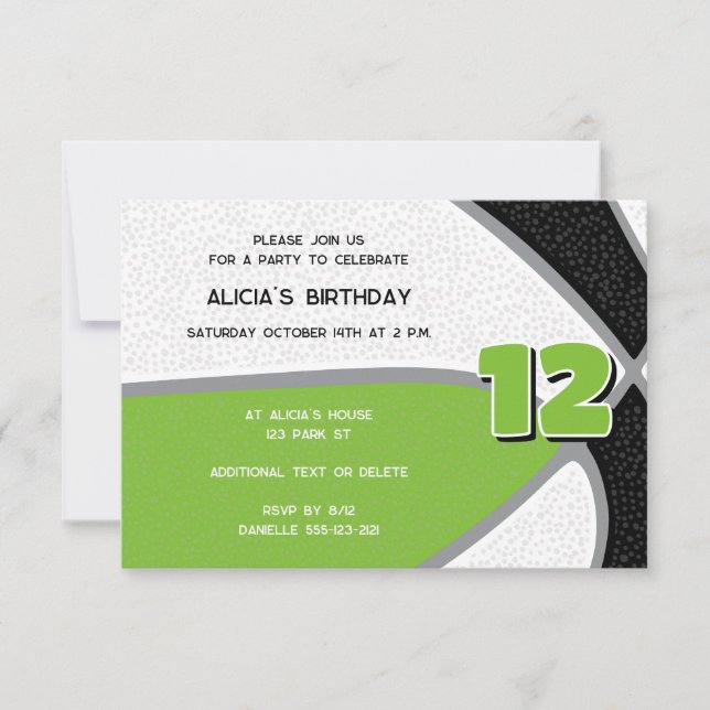 bright green black basketball girls sports party invitation (Front)