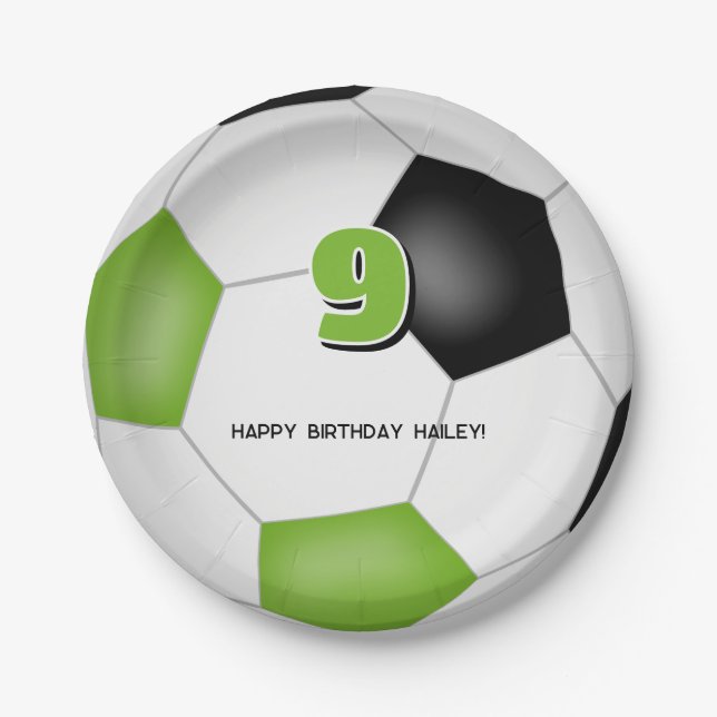 bright green black soccer ball kids birthday party paper plate (Front)