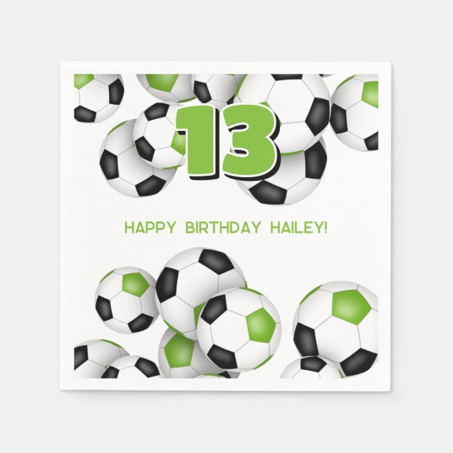 bright green black soccer balls birthday party napkin (Front)