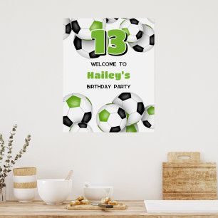 bright green black soccer balls birthday party poster