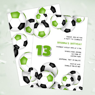 bright green black soccer balls kids birthday invitation