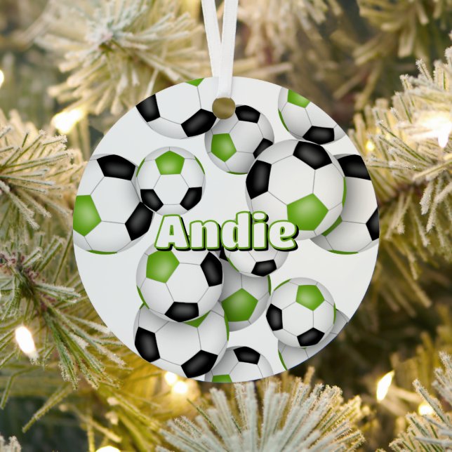 bright green black soccer balls sports keepsake metal tree decoration (Insitu)