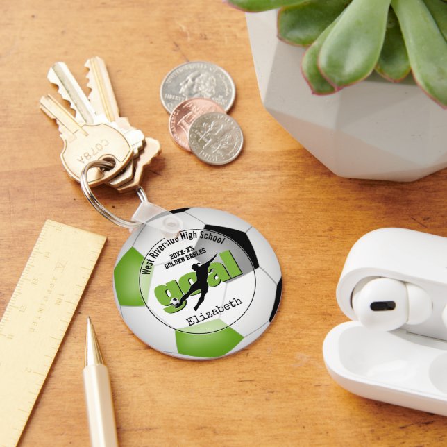 bright green black soccer goal girls team name key ring (Desk)