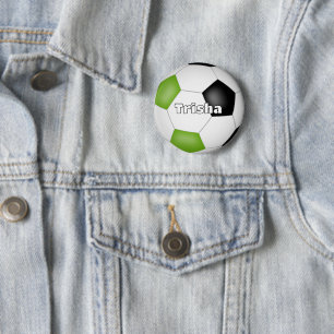 bright green black soccer themed custom name 6 cm round badge