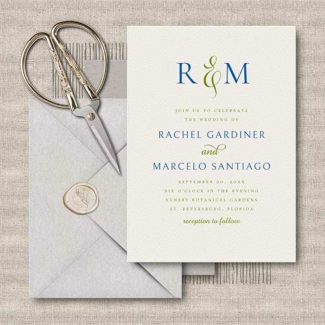 Bright Green Blue Simple Monogram Wedding Invitation (Creator Uploaded)