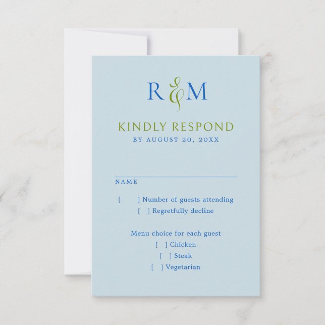 Bright Green Blue Simple Monogram Wedding RSVP Card (Front)