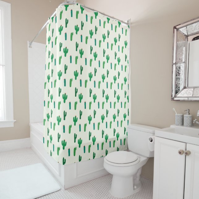 Bright Green Cactus Pattern Shower Curtain (In Situ)