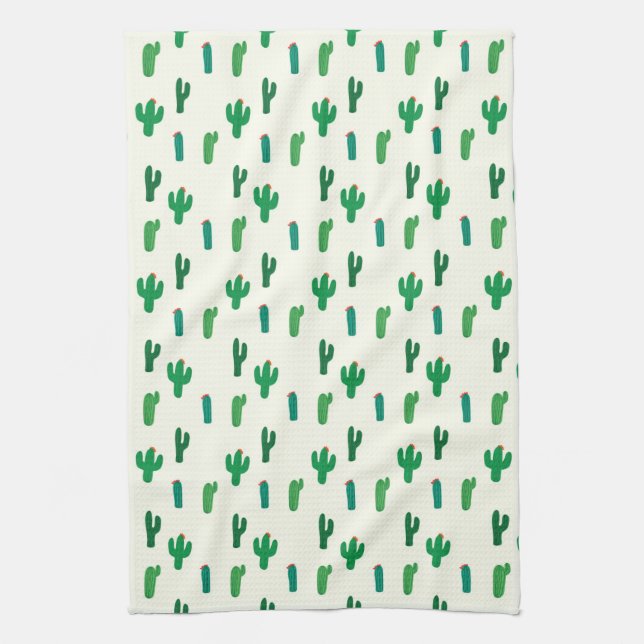 Bright Green Cactus Pattern Tea Towel (Vertical)