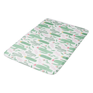 Bright Green Cactus Succulent Blossoms Pattern Bath Mat