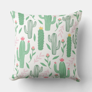 Bright Green Cactus Succulent Blossoms Pattern Cushion