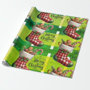 Bright Green Christmas Plaid Holiday Gingerbread  Wrapping Paper