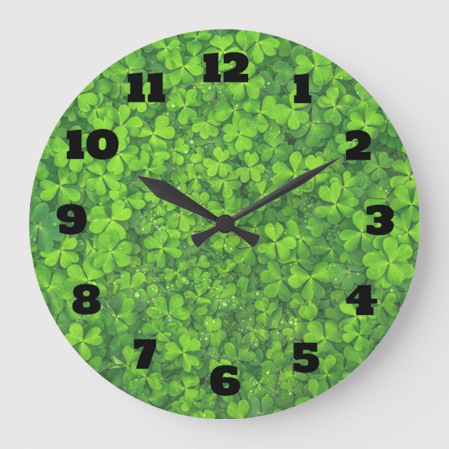 Bright Green Clover Leaves Background Large Clock (Front)