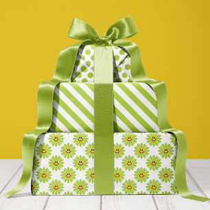 Bright Green Daisy Floral Stripes Polka Dot  Wrapping Paper Sheet
