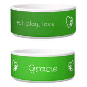 Bright Green Eat Play Love Custom Dog Name Bowl