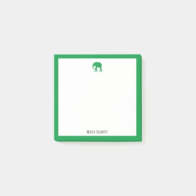 Bright Green Elephant and Border on White w/ Name Post-it Notes (Front)