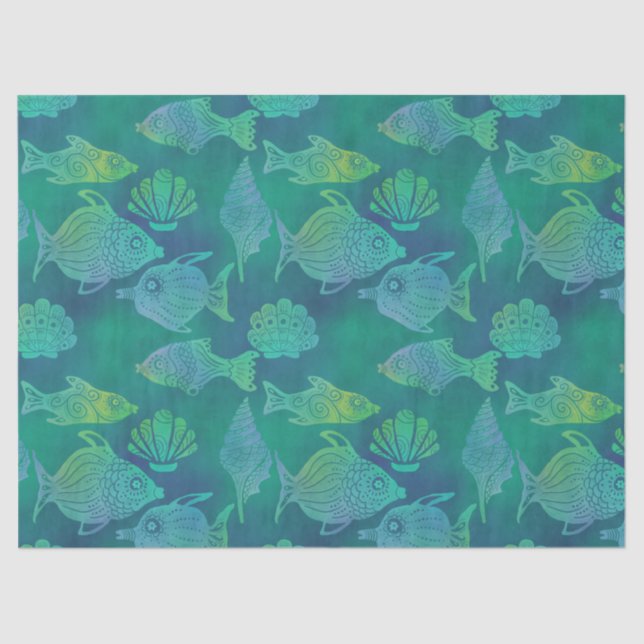 Bright Green Fish and Shell Decoupage  Tissue Paper (Front)