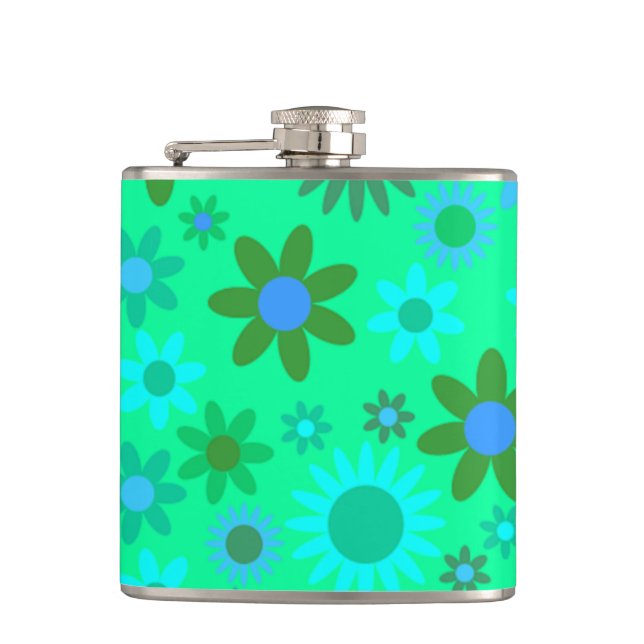 Bright Green Flower Power Pattern Hip Flask (Front)