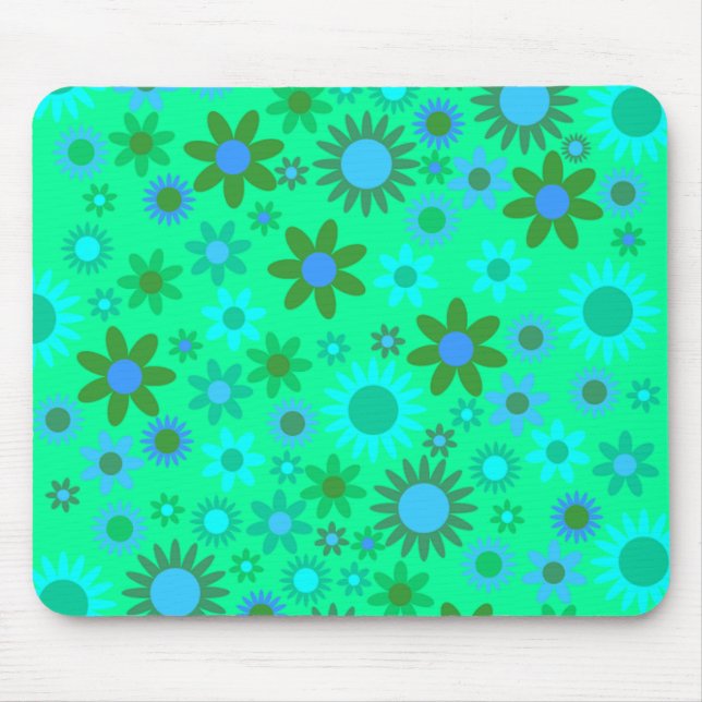 Bright Green Flower Power Pattern Mouse Mat (Front)