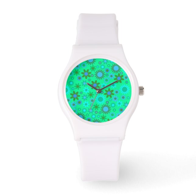 Bright Green Flower Power Pattern Watch (Front)