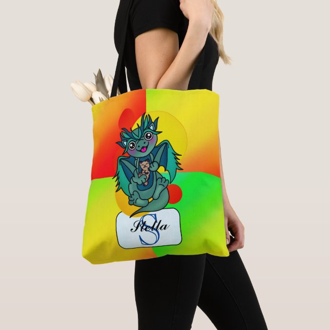 Bright Green Friendly Dragon Monogram Tote Bag (Close Up)