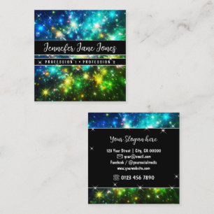 Bright Green Galaxy Nebula Glitter Stars     Square Business Card