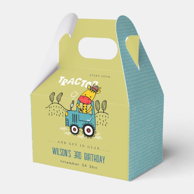 Bright Green Giraffe In Farm Tractor Boys Birthday Favour Box (Front Side)