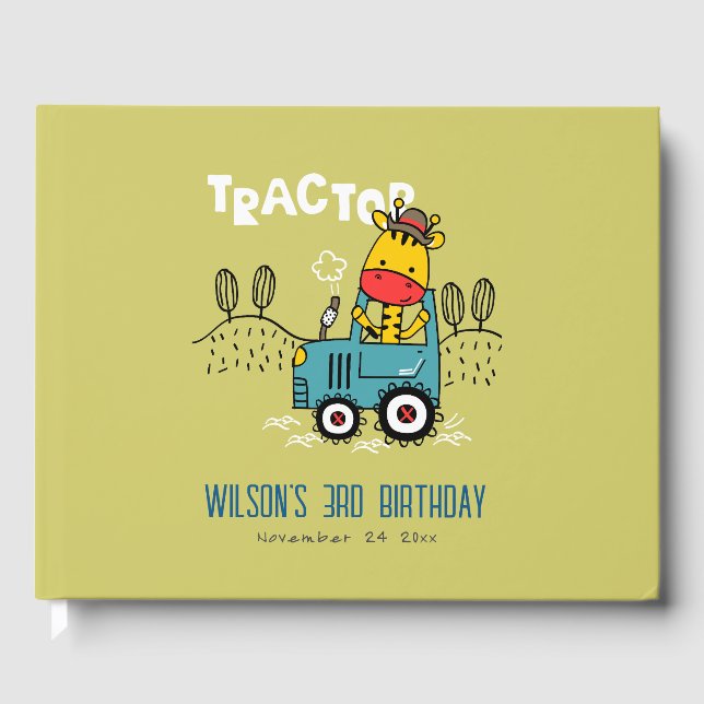 Bright Green Giraffe In Farm Tractor Boys Birthday Guest Book (Front)