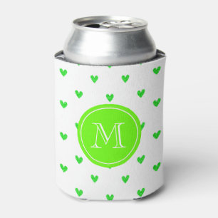 Bright Green Glitter Hearts with Monogram Can Cooler