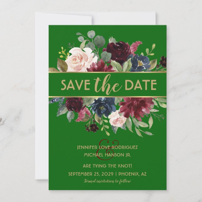 Bright Green Gold Merlot Navy Boho Save the Date Invitation (Front)