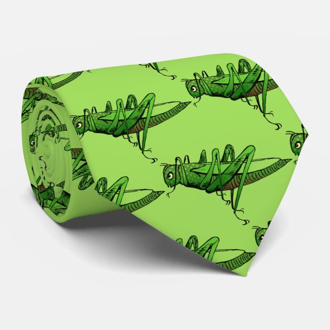 Bright Green Grasshopper Insect Cartoon Tie (Rolled)