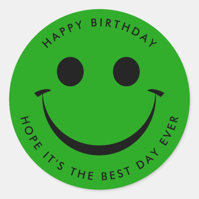 Bright Green Happy Face Birthday Classic Round Sticker (Front)