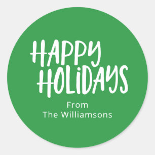 Bright Green Happy Holidays Custom Family Name Classic Round Sticker
