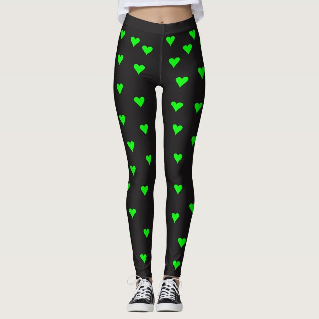 Bright Green Heart Shapes on Black Background Leggings (Front)
