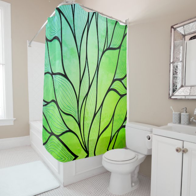 Bright Green Hues Creative Leave Pattern  Shower Curtain (In Situ)