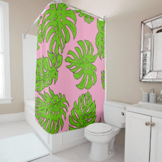 Bright Green Leaves Pattern on Pink Shower Curtain