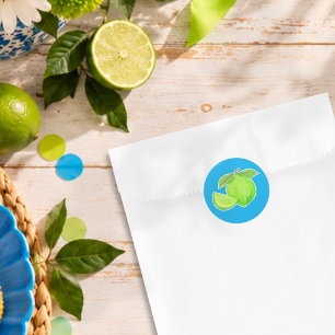 Bright Green Lime on Blue Hand Drawn Citrus Classic Round Sticker