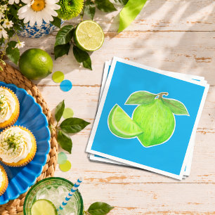 Bright Green Lime on Blue Hand Drawn Citrus Party Napkin