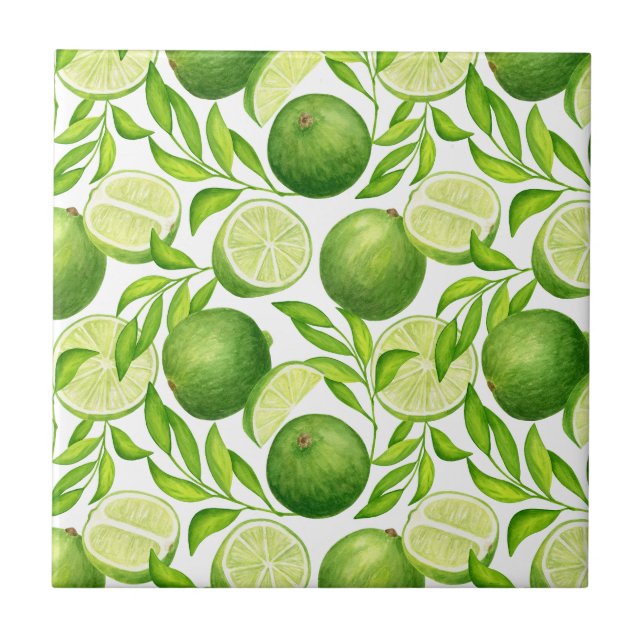 Bright Green Lime Watercolor Lemon Pattern Tile (Front)