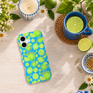Bright Green Limes on Blue Citrus Pattern