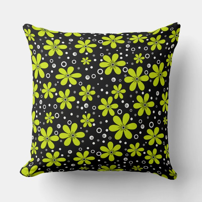 Bright green neon floral pattern on black backgrou cushion (Front)