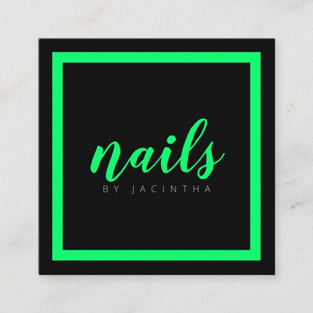 Bright Green Neon Modern Nail Technician Salon Square Business Card (Front)