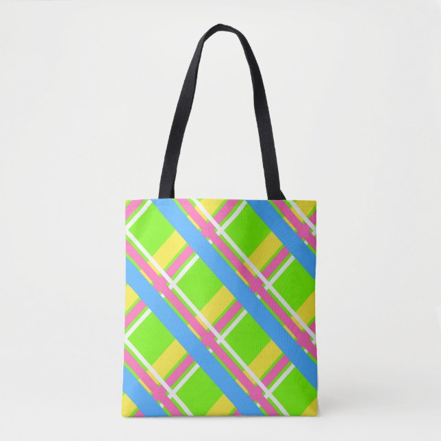 Bright green, pink, yellow, and blue plaid tote (Front)